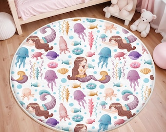 Mermaid Kids Rug, Playful Fish Nursery Rug, Round Ocean Animals Rug Under the Sea Theme, Anti Slip Mat for Kid's Room, Toddler Baby Rug