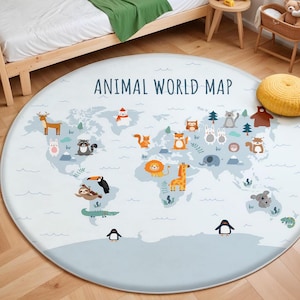 Tierweltkarte, rutschfeste Kindermatte, Kinderzimmerteppich, niedlicher Tierlernteppich, Kindergeburtstagsgeschenk, Babyzimmerdekor, waschbarer Kinderteppich