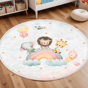 Safari Nursery Rug, Safari Animal Rainbow Rug, Toddler Area Rug,Washable Kids Rug, Rainbow Rug, Bestselling Kids Room Rug,Non Slip Floor Mat