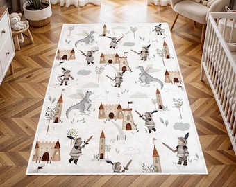 Dragon Nursery Rug, Castle Kids Rug, Baby Dino Carpet, Custom Name Nursery Mat, Baby Boys Room Decor, Kids Playroom Mat, Baby Shower Gift