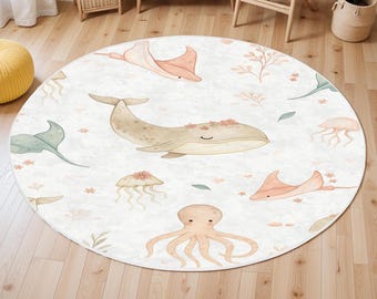 Playful Fish Nursery Rug, Round Ocean Animals Rug Under the Sea Theme, Anti Slip Mat for Kid's Room, Whale Adventure Newborn Rug,Toddler Rug