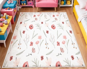 Watercolor Wild Florals Rug, Nursery Rug, Kids Area Rug, Washable Non Slip Soft Rug, Play Rug, Girls Rug, Flower Baby Room Rug