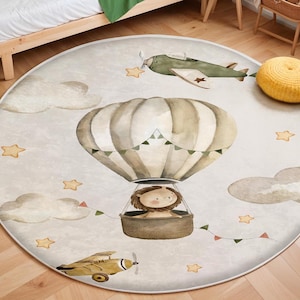 Heißluftballon Kinderteppich, niedlicher Safari-Thementeppich, Babygeschenk, Spielzimmerteppich, Kleinkind-Kinderteppich, waschbarer Kinderteppich, Babyteppich