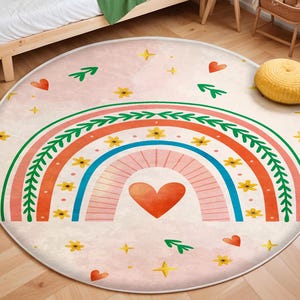 Floral Rainbow Kids Rug, Round Kid&#39;s Room Rug, Playmat For Kids, Colorful Baby Room Carpet, Anti-Slip Washable Nursery Mat