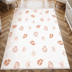 Cute Sea Animals Nursery Rug, Sea Shell Curtain, Kids Area Rug, Washable Non Slip Soft Rug, Play Rug, Boys Rug, Baby Room Decor