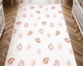 Cute Sea Animals Nursery Rug, Sea Shell Curtain, Kids Area Rug, Washable Non Slip Soft Rug, Play Rug, Boys Rug, Baby Room Decor