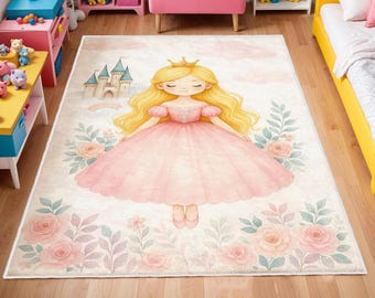Tapis rond de chambre d'enfant Princess Castle, tapis de chambre de bébé Castle, tapis lavable pour chambre d'enfant, tapis de jeu, tapis rond imprimé antidérapant pour chambre de fille