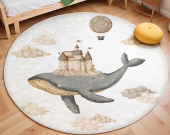 Whale Adventure Newborn Rug, Playful Fish Nursery Rug, Ocean Whale Nursery Rug, Anti Slip Mat for Kid's Room, Toddler Rug, Boys Rug