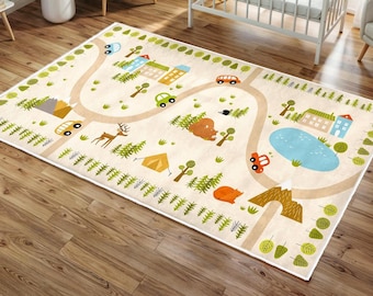 Woodland Car Road Rugs, Nursery Rug, Kids Area Rug, Washable Non Slip Soft Rug, Play Rug, Boys Rug