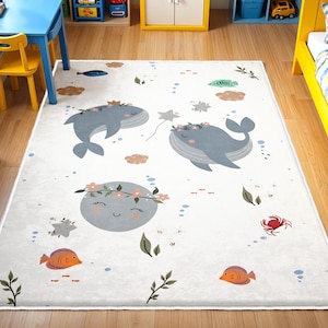 Ocean Animals Rug, Playful Fish Nursery Rug,Under The Sea Nursery Rug, Anti Slip Mat for Kid&#39;s Room, Whale Adventure Newborn Rug,Toddler Rug