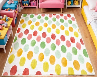 Colorful Polka Dot Washable Kids Rug, Soft Nursery Play Mat, Colorful Baby Room Carpet, Anti-Slip Washable Nursery Mat, Nursery Rug