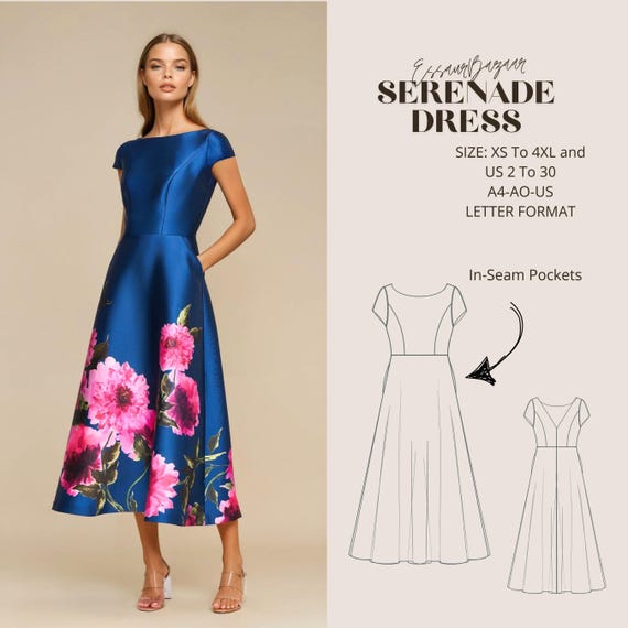 Serenade Dress Sewing Pattern - Fit & Flare Midi Dress with Pockets (XS-4XL) (Digital Download)