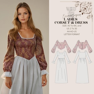 Renaissance Ladies Dress & Corset Sewing Pattern, Celtic Dress, Medieval Boho Dress, Elvish Dress, Cosplay Dress, XS-4XL