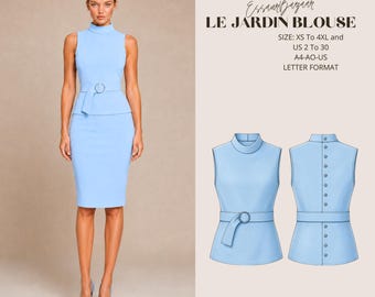 Le Jardin Blouse Sewing Pattern, Sleeveless Knit Top, Stand Collar, Belted Back Button (PDF)