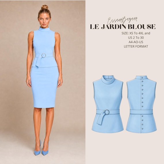 Le Jardin Blouse Sewing Pattern, Sleeveless Knit Top, Stand Collar, Belted Back Button (PDF)