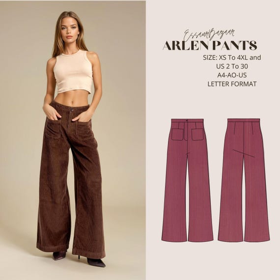 Arlen Wide Leg Pants Sewing Pattern, Women's Palazzo Pants (US Letter-A4-A0)