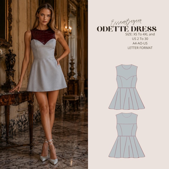Odette Mini Dress Sewing Pattern, Knit Fabric, Flared Skirt, Sweetheart Neckline (Digital Download)