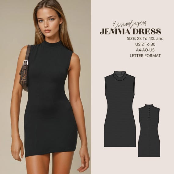 Jemma Mock Neck Mini Dress Sewing Pattern – Sizes XS-4XL (Digital Download)