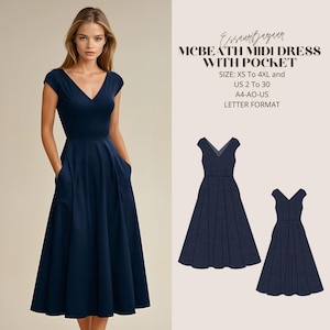 Patrón de costura de vestido midi con bolsillo Mcbeath, vestido de fiesta, patrón de costura en PDF, vestido de costura para mujer, formato carta A4-A0 adecuado para nosotros