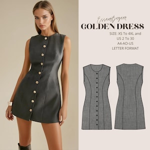 Vestido dorado, patrón de costura en PDF, costura digital, vestido de verano para mujer, apto para formato carta A4-A0.