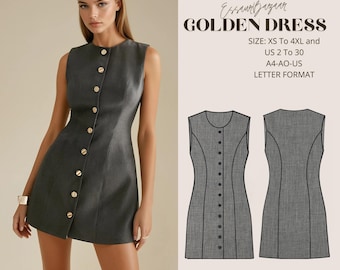 May include: A gray sleeveless dress with a button-up front. The dress has a fitted bodice and a flared skirt. The dress is shown on a model and also as a flat lay illustration. The text on the image reads "Essur Bazaar Golden Dress Size: XS to 4XL and US 2 to 30 A4-AO-US Letter Format".