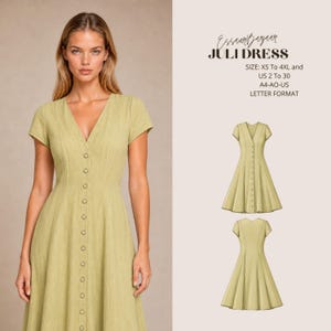 Könnte beinhalten: Ein helles olivgrünes Kleid mit V-Ausschnitt, kurzen Ärmeln und einer Knopfleiste vorne. Der Text lautet: EssaurBazaar JULI DRESS SIZE: XS To 4XL and US 2 To 30 A4-AO-US LETTER FORMAT. Enthält technische Skizzen des Kleides von vorne und hinten.