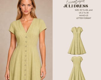 Juli Dress Sewing Pattern PDF, Button Front Dress Pattern, V Neck Midi Dress PDF, Women's Woven Dress, Digital Sewing Pattern XS-4XL