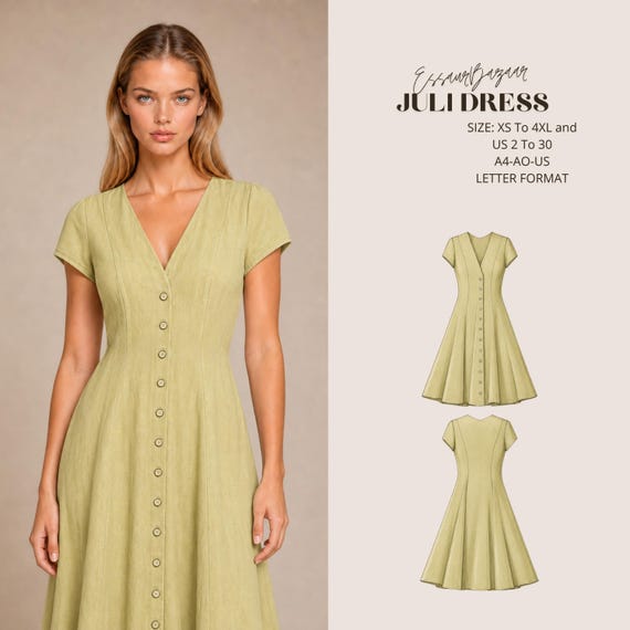 Juli Dress Sewing Pattern PDF, Button Front Dress Pattern, V Neck Midi Dress PDF, Women's Woven Dress, Digital Sewing Pattern XS-4XL