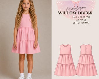 Willow Girls Dress Sewing Pattern PDF, Tiered Dress Pattern, Kids Dress PDF, Sleeveless Dress Pattern, Children's Sewing Pattern