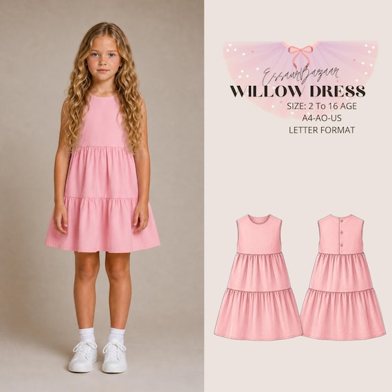 Willow Girls Dress Sewing Pattern PDF, Tiered Dress Pattern, Kids Dress PDF, Sleeveless Dress Pattern, Children's Sewing Pattern