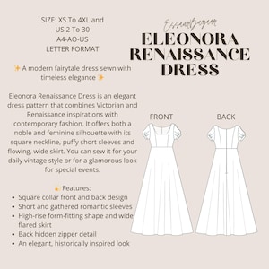 May include: An illustration of the Eleonora Renaissance Dress pattern, featuring front and back views of a dress with a square neckline, short sleeves, and a flowing skirt. The image includes text describing the dress's features and sizing.