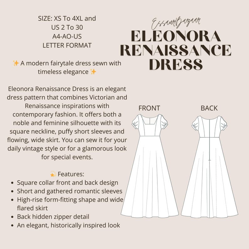 May include: An illustration of the Eleonora Renaissance Dress pattern, featuring front and back views of a dress with a square neckline, short sleeves, and a flowing skirt. The image includes text describing the dress's features and sizing.