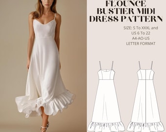Flounce Midi Dress Pattern, PDF Sewing Pattern Dress, Easy Wedding Midi Dress Sewing Pattern, Summer Dress Pattern XS-4XL