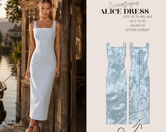 Alice Dress Sewing Pattern, Elegant Midi Square Neck, Sleeveless Woven (PDF Download)