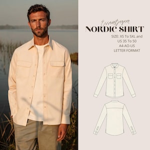 May include: A long-sleeve button-down shirt in cream, featuring two chest pockets. Text reads: EssaurBazaar NORDIC SHIRT, SIZE: XS To 5XL and US 35 To 50, A4-AO-US LETTER FORMAT. Includes front and back technical line drawings of the shirt design.