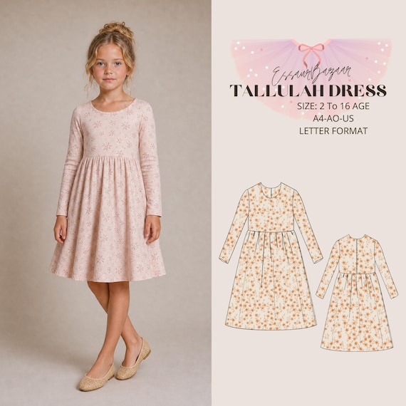 Tallulah Dress Sewing Pattern, Kids Girls Sizes 2-16, A0 A4 US Letter (Digital Download)