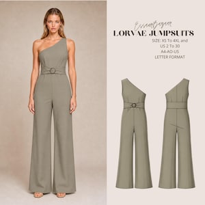 May include: A sage green one-shoulder jumpsuit with a wide-leg silhouette and a circular belt buckle at the waist. Text reads: EssaurBazaar LORVAE JUMPSUITS SIZE: XS To 4XL and US 2 To 30 A4-AO-US LETTER FORMAT. Includes front and back technical sketches.