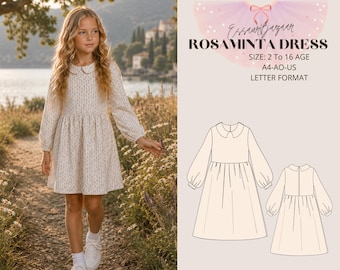 Rosaminta Dress Sewing Pattern, Girls Balloon Sleeve, Sizes 2-16 (Digital Download)