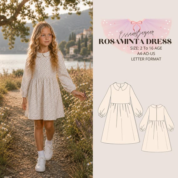 Rosaminta Dress Sewing Pattern, Girls Balloon Sleeve, Sizes 2-16 (Digital Download)