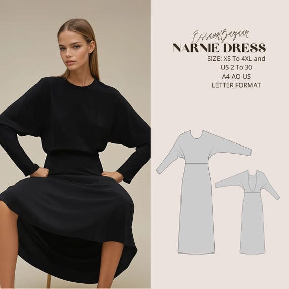 Narnie Dress Sewing Pattern, Long Sleeve Midi Dress (XS-4XL) (Digital Download)