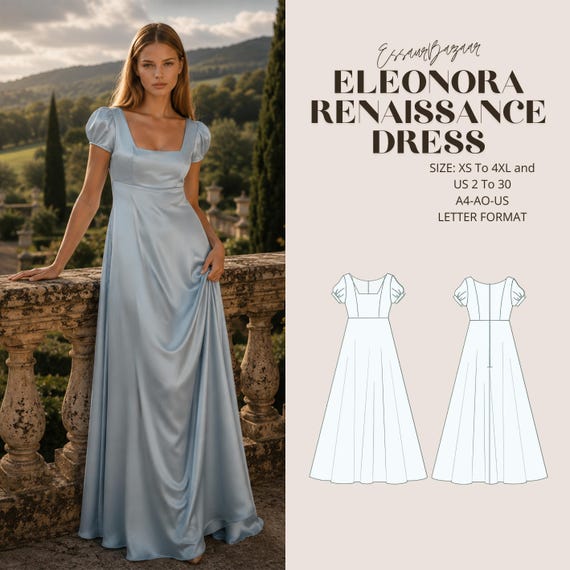 Bridgerton Dress Sewing Pattern PDF, Regency Renaissance Gown, Maxi Dress Pattern, Historic Costume Gown, Vintage Dress DIY, A0-A4 US 2-30