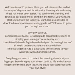 Peut inclure: Texte expliquant les avantages d'acheter un patron de couture num&eacute;rique pour une robe sur une boutique Etsy. Le texte met en avant la facilit&eacute; d'utilisation, la possibilit&eacute; d'imprimer le patron dans n'importe quelle taille et la disponibilit&eacute; d'un guide de couture complet. Le texte mentionne &eacute;galement l'&eacute;l&eacute;gance intemporelle d'une robe faite main.