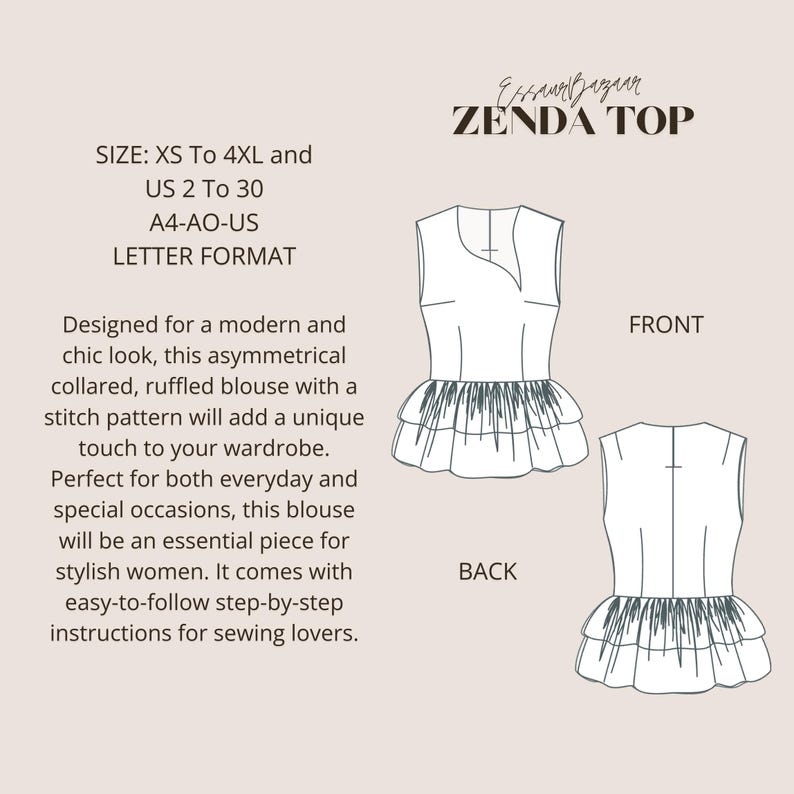 Asymmetrical Ruffle Pattern Asymmetric Ruffle Zenda Top Sewing Pattern (PDF) - Etsy
