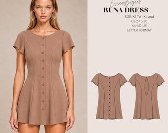 Runa Mini Dress Sewing Pattern, Button Front Boat Neck (PDF Download)