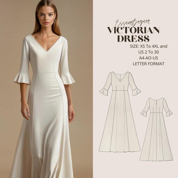 Victorian Dress Sewing Pattern (XS-4XL) - Flared Sleeve, A4/A0/US Letter Formats