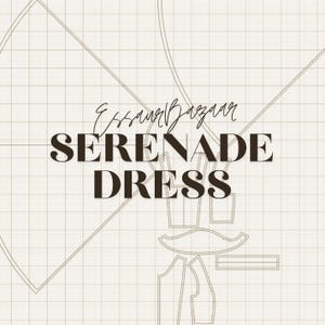 May include: A beige grid background with the text "Essaur Bazaar" in cursive script above the words "SERENADE DRESS" in a bold, dark brown font. The image includes dress pattern pieces.