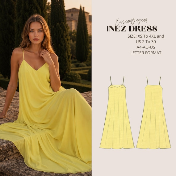 Inez Bias-Cut Slip Dress Sewing Pattern, Summer V-Neck Spaghetti Strap (Digital Download)