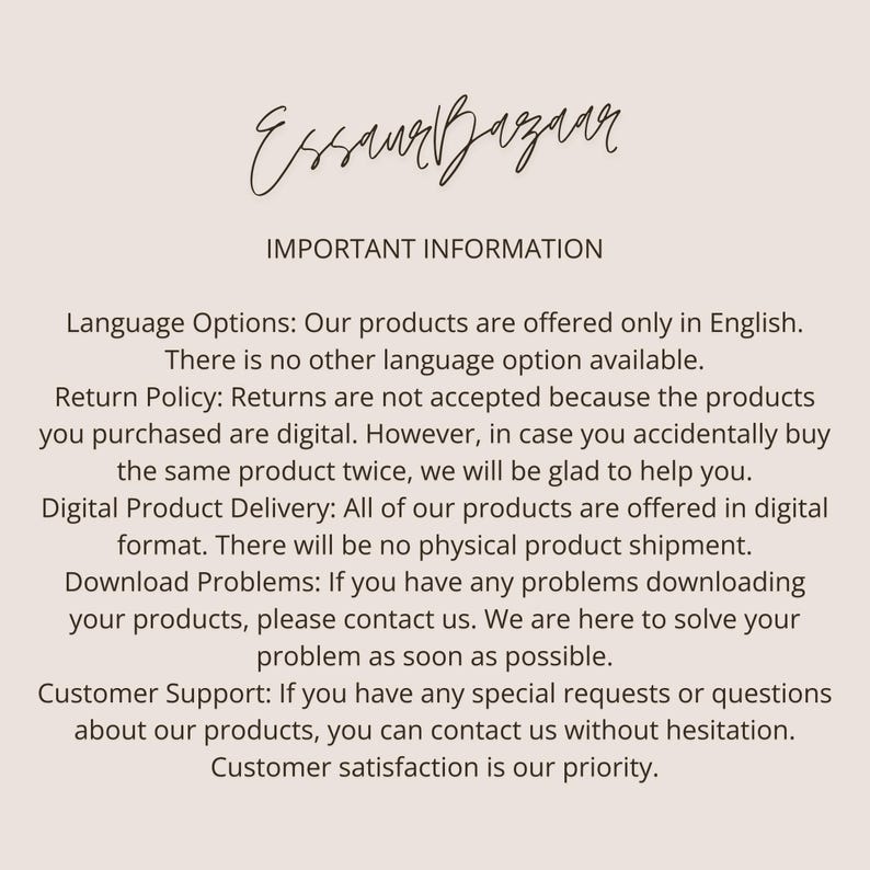 Peut inclure: Texte sur fond blanc avec le titre "Esau Bazaar" et l'en-t&ecirc;te "Informations importantes". Le texte explique les options de langue de la boutique, la politique de retour, la livraison de produits num&eacute;riques, les probl&egrave;mes de t&eacute;l&eacute;chargement et le support client.