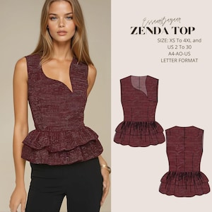 Zenda Top Sewing Pattern, Design Asymmetric Top, Ruffle Top Pattern, Easy Pattern PDF,Sizes; US 2 to 30, XS to 4XL, Women&#39;s Sewing Patterns