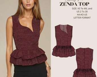 Design Asymmetric Top Sewing Pattern, Ruffle Top Pattern, Easy Pattern PDF,Sizes; US 2 to 30, XS to 4XL, Women's Sewing Patterns